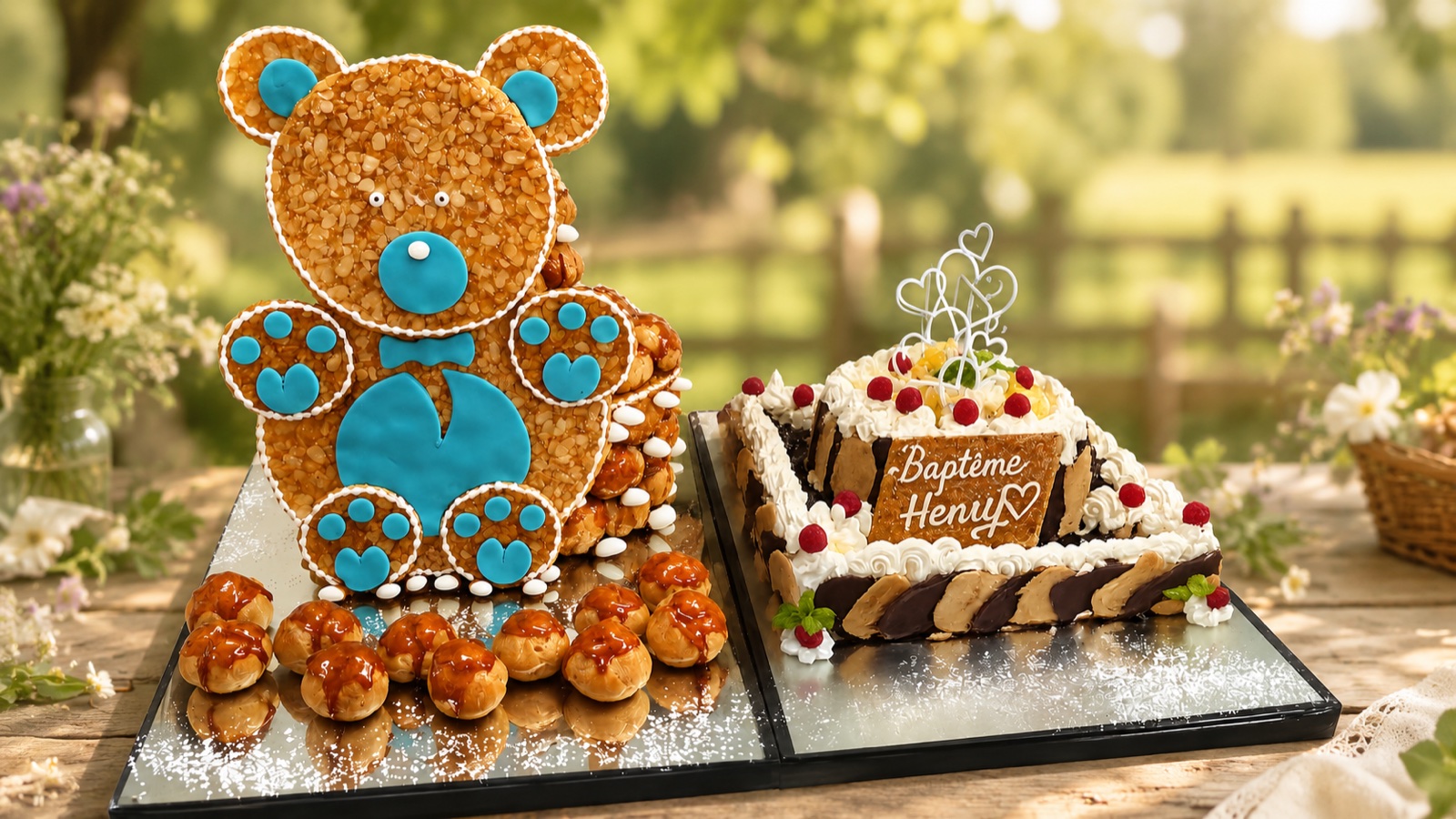 Pièce montée de baptême : ourson en pâte à choux et gâteau personnalisé « Baptême Henry », dressés en extérieur