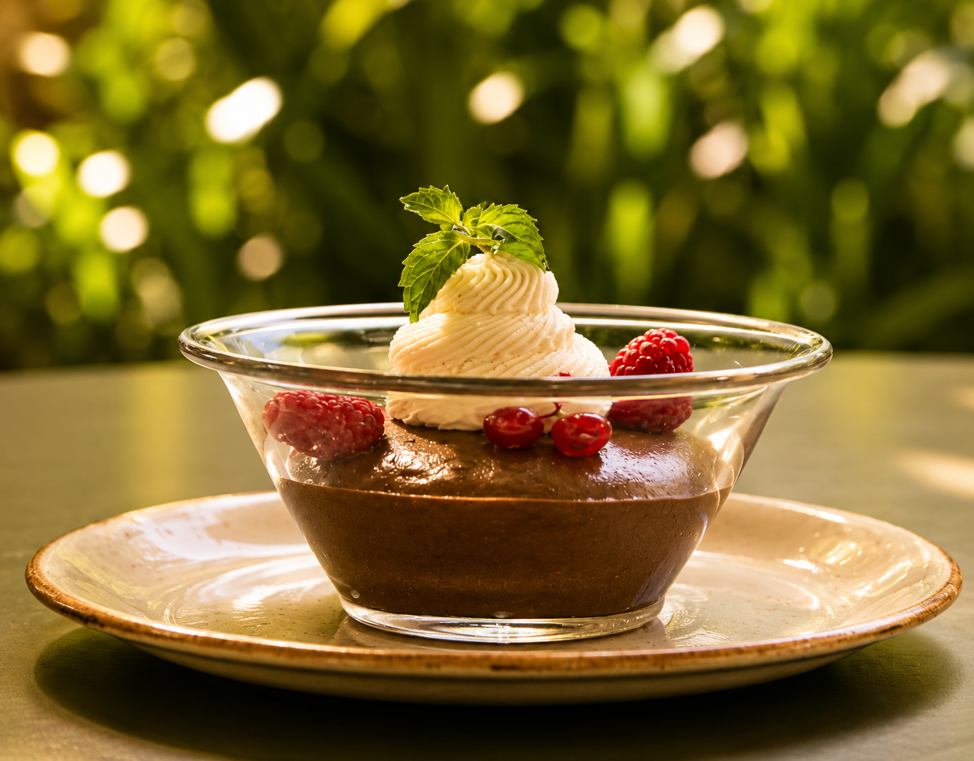 Mousse au chocolat maison, fruits rouges et menthe