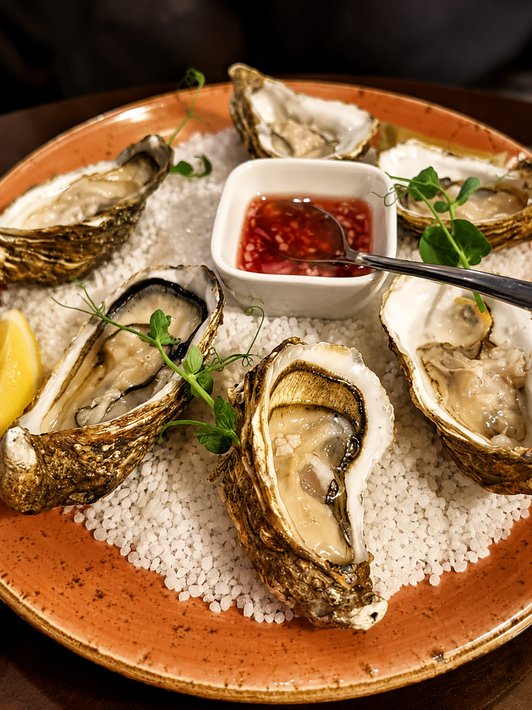 Huîtres fraîches sur gros sel, citron et sauce échalotes